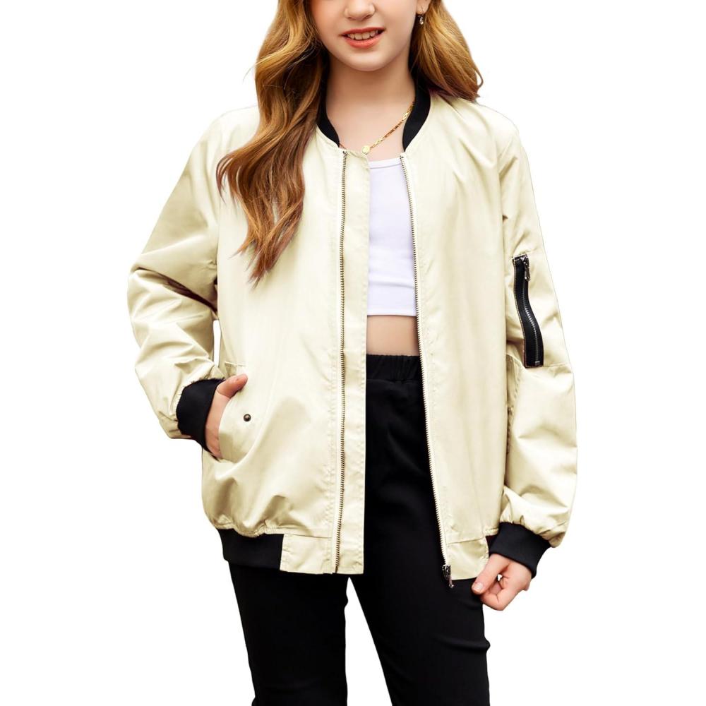 imageArshiner Girls Bomber Jacket Casual Coat Zip Up Outerwear with Pockets for 412 YearsWhite