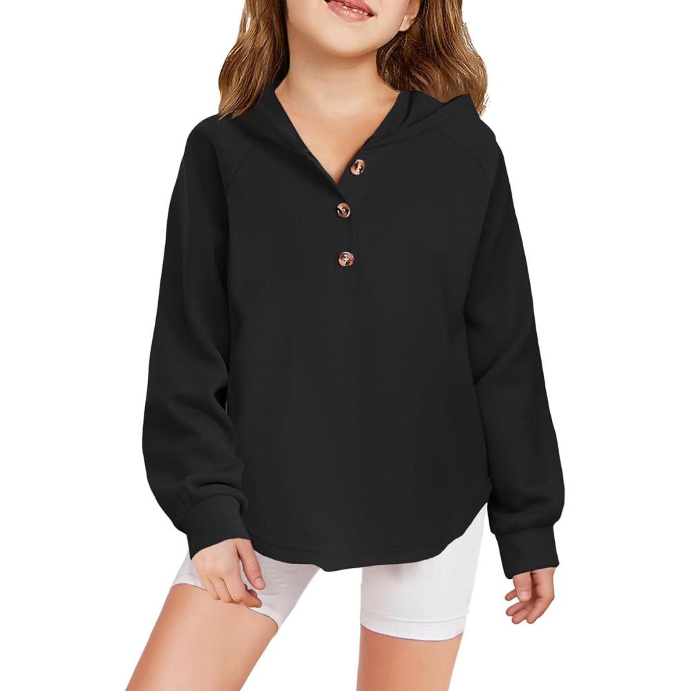imageArshiner Girls Button Up Hoodies Kids Casual V Neck Sweatshirt Girl Long Sleeve Shirts Tunic Tops Curved Hem 513 YearsBlack