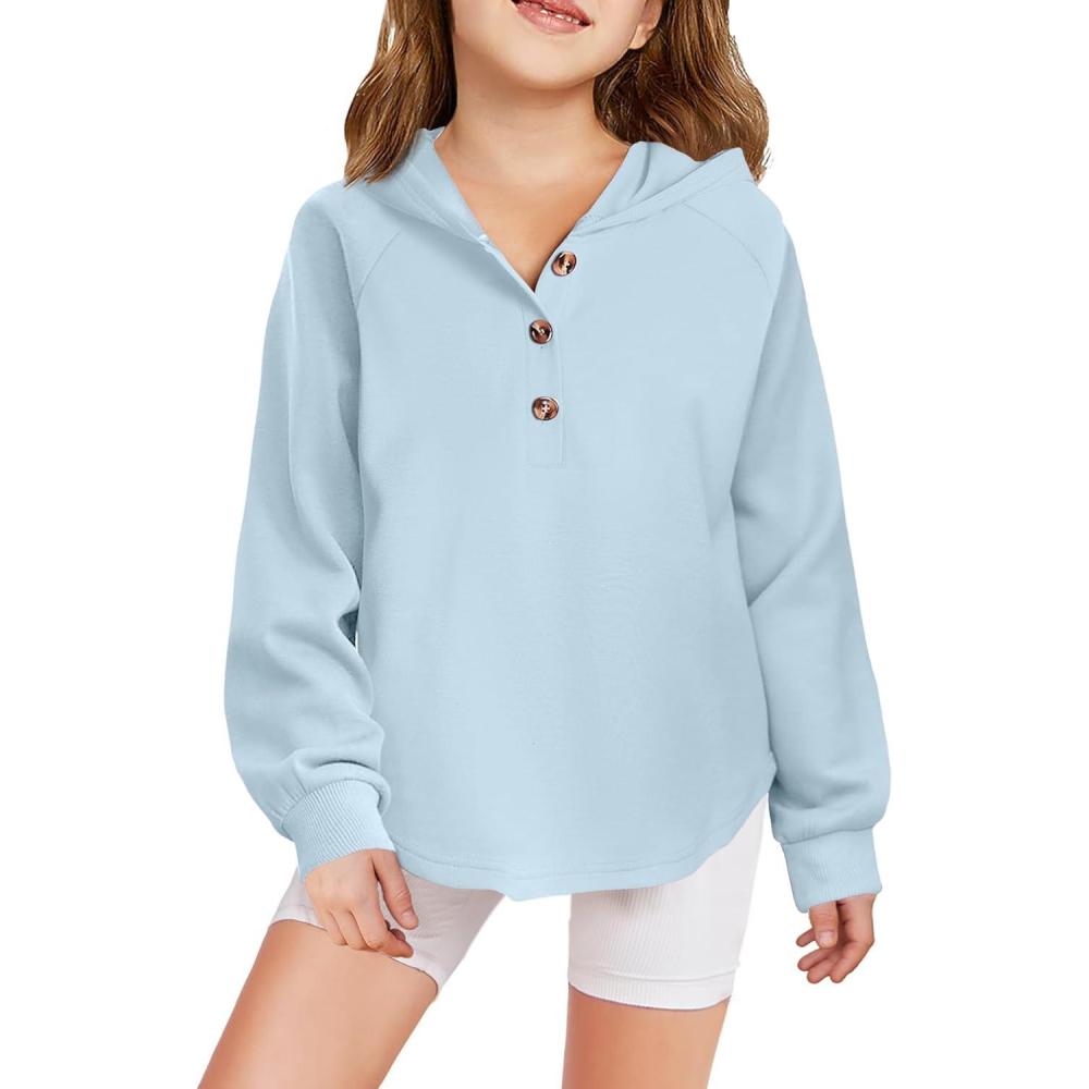 imageArshiner Girls Button Up Hoodies Kids Casual V Neck Sweatshirt Girl Long Sleeve Shirts Tunic Tops Curved Hem 513 YearsBlue