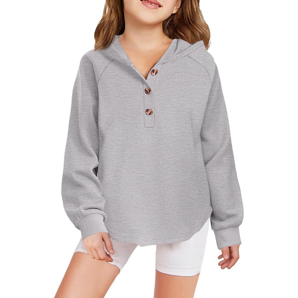 imageArshiner Girls Button Up Hoodies Kids Casual V Neck Sweatshirt Girl Long Sleeve Shirts Tunic Tops Curved Hem 513 YearsGrey