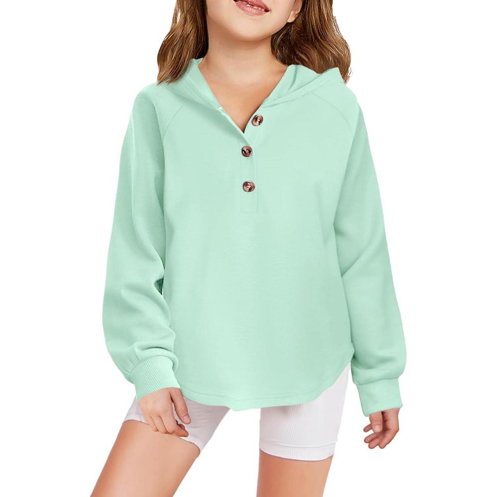 imageArshiner Girls Button Up Hoodies Kids Casual V Neck Sweatshirt Girl Long Sleeve Shirts Tunic Tops Curved Hem 513 YearsIce Green