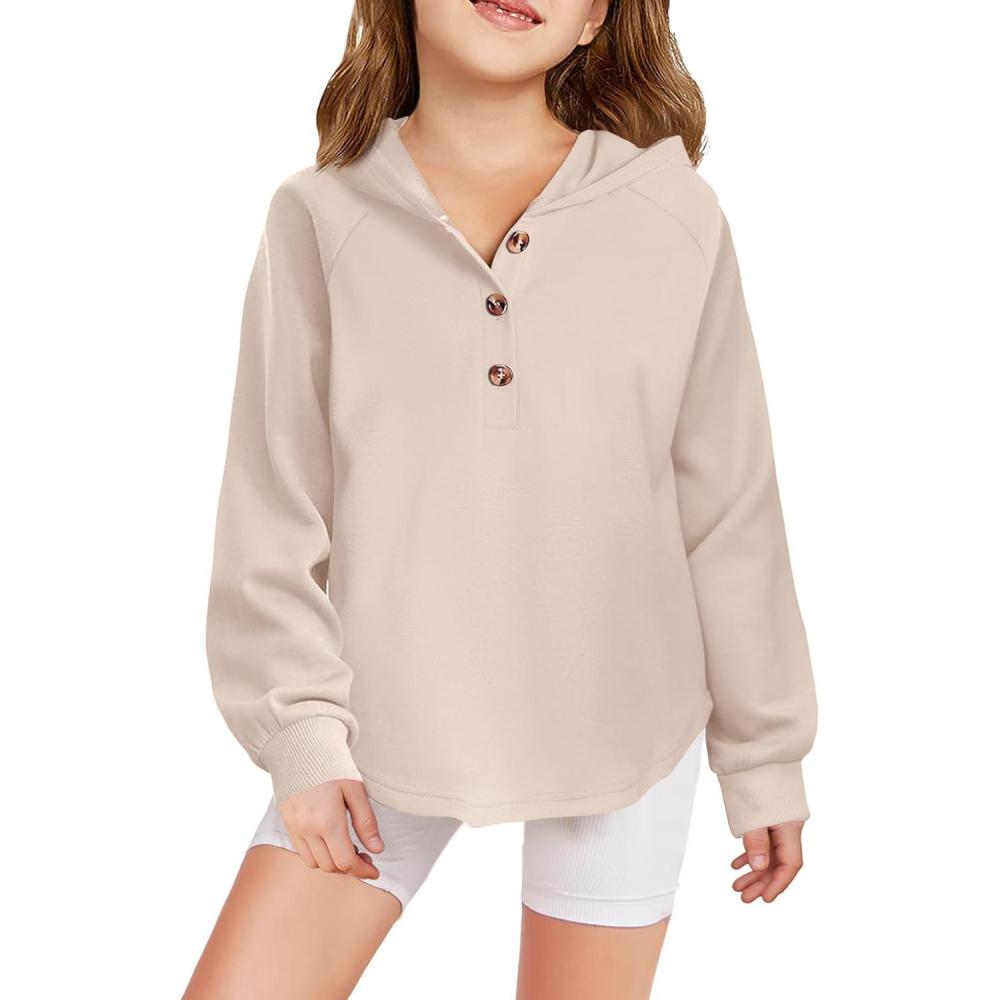 imageArshiner Girls Button Up Hoodies Kids Casual V Neck Sweatshirt Girl Long Sleeve Shirts Tunic Tops Curved Hem 513 YearsKhaki