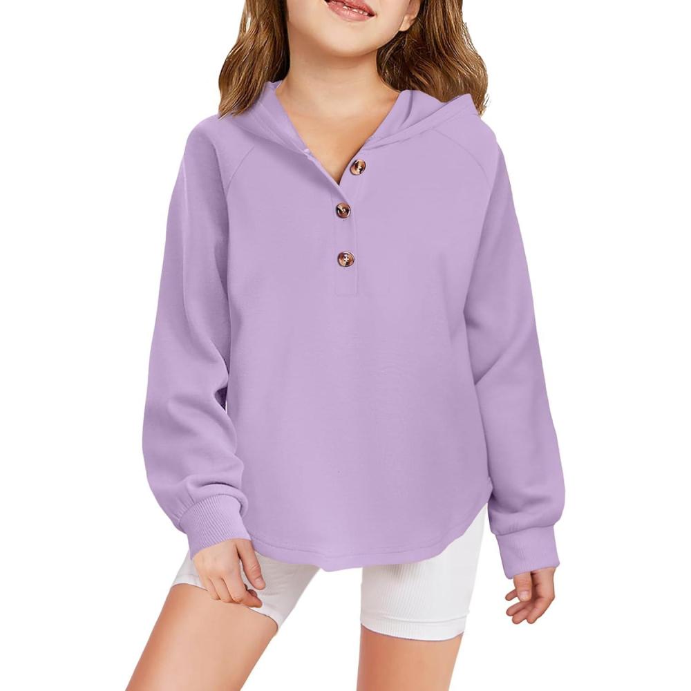imageArshiner Girls Button Up Hoodies Kids Casual V Neck Sweatshirt Girl Long Sleeve Shirts Tunic Tops Curved Hem 513 YearsPurple
