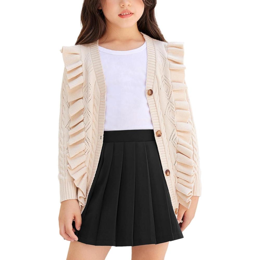 imageArshiner Girls Cardigan Sweaters Ruffle School Uniform Sweater V Neck Button Front Outerwear 413 YearsBeige
