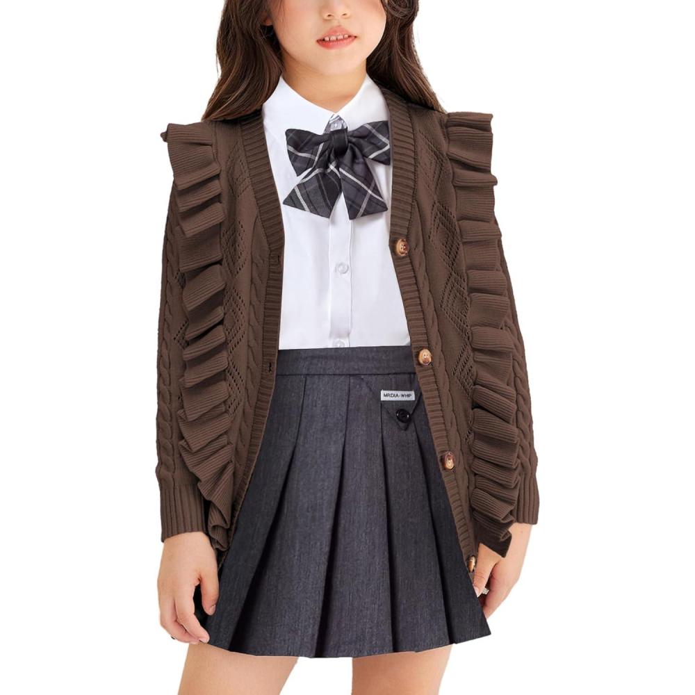imageArshiner Girls Cardigan Sweaters Ruffle School Uniform Sweater V Neck Button Front Outerwear 413 YearsBrown