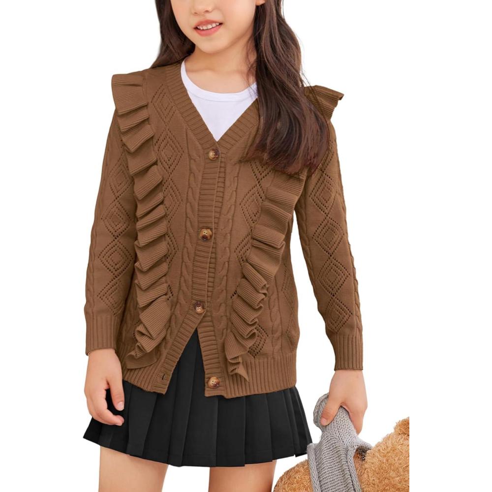 imageArshiner Girls Cardigan Sweaters Ruffle School Uniform Sweater V Neck Button Front Outerwear 413 YearsCoffee Brown