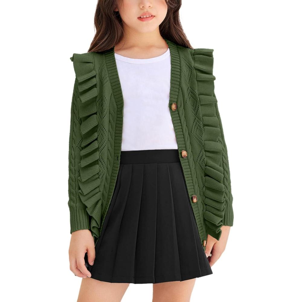 imageArshiner Girls Cardigan Sweaters Ruffle School Uniform Sweater V Neck Button Front Outerwear 413 YearsGreen