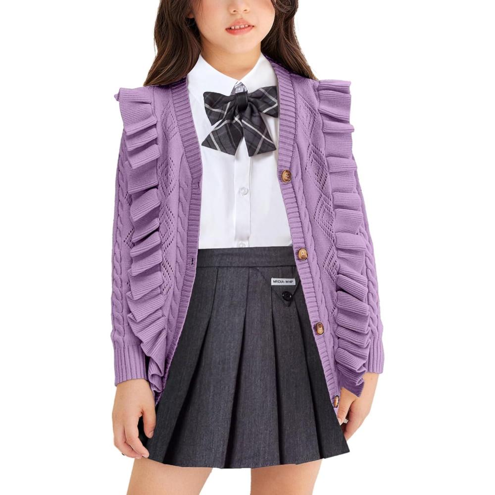 imageArshiner Girls Cardigan Sweaters Ruffle School Uniform Sweater V Neck Button Front Outerwear 413 YearsPurple