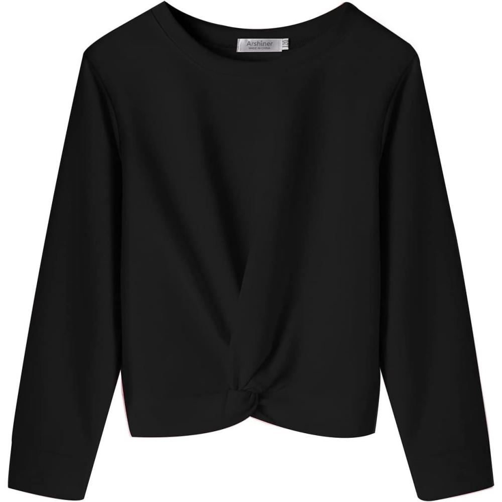 imageArshiner Girls Casual Twist Front Lightweight Sweatshirt Tie Dye Printed Long Sleeve Crop Tops PulloverBlack