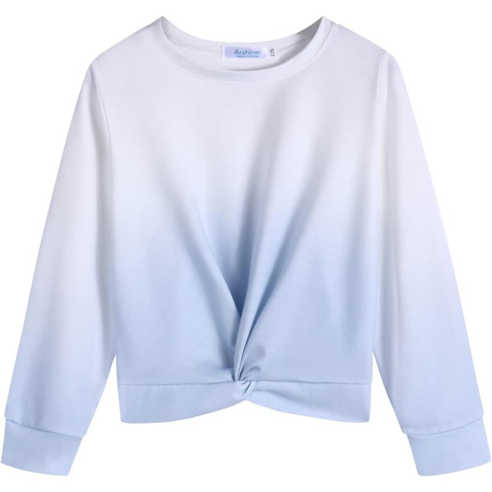 imageArshiner Girls Casual Twist Front Lightweight Sweatshirt Tie Dye Printed Long Sleeve Crop Tops PulloverBlueWhitetie Dye