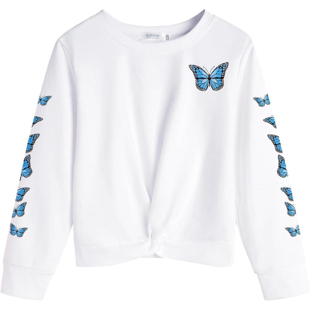 imageArshiner Girls Casual Twist Front Lightweight Sweatshirt Tie Dye Printed Long Sleeve Crop Tops PulloverButterfly