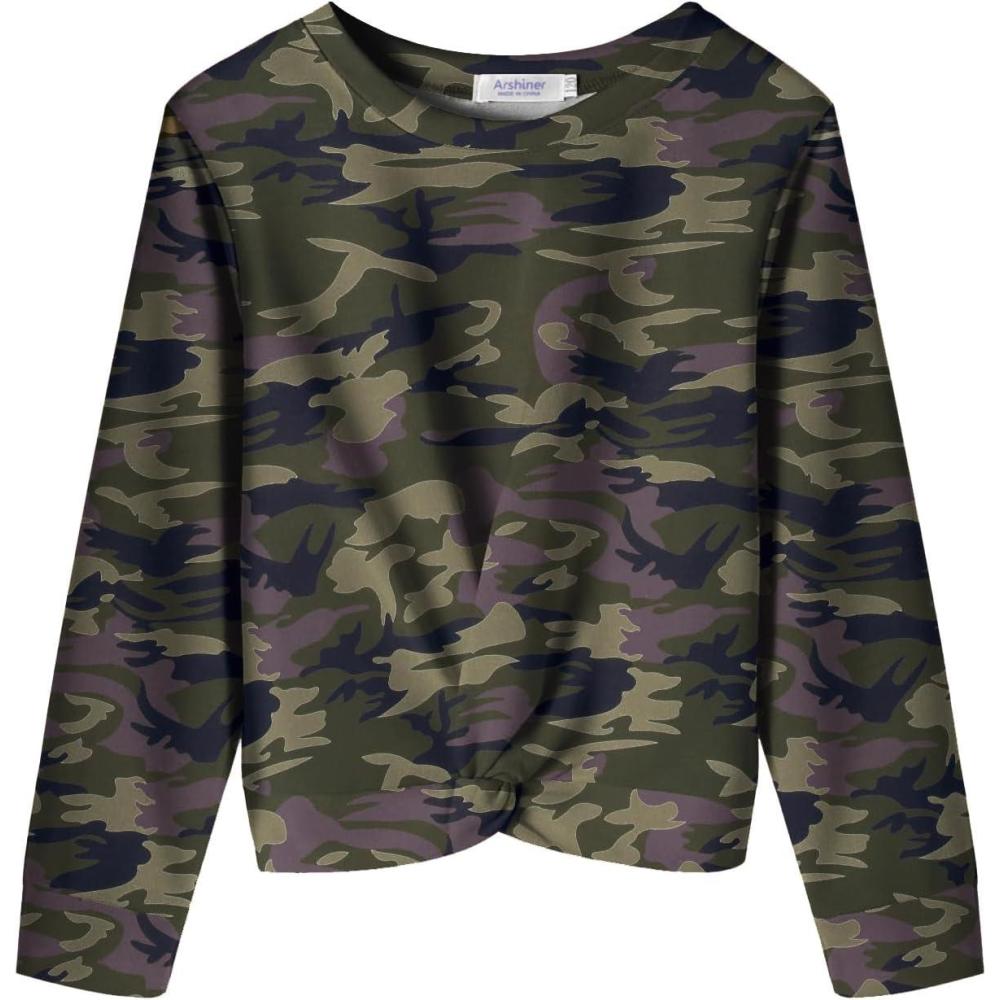 imageArshiner Girls Casual Twist Front Lightweight Sweatshirt Tie Dye Printed Long Sleeve Crop Tops PulloverCamo Color