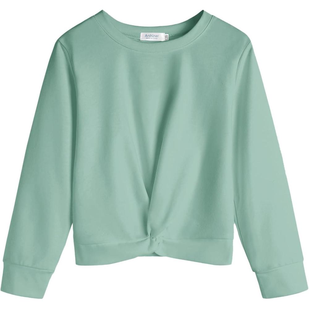 imageArshiner Girls Casual Twist Front Lightweight Sweatshirt Tie Dye Printed Long Sleeve Crop Tops PulloverCeladon Green
