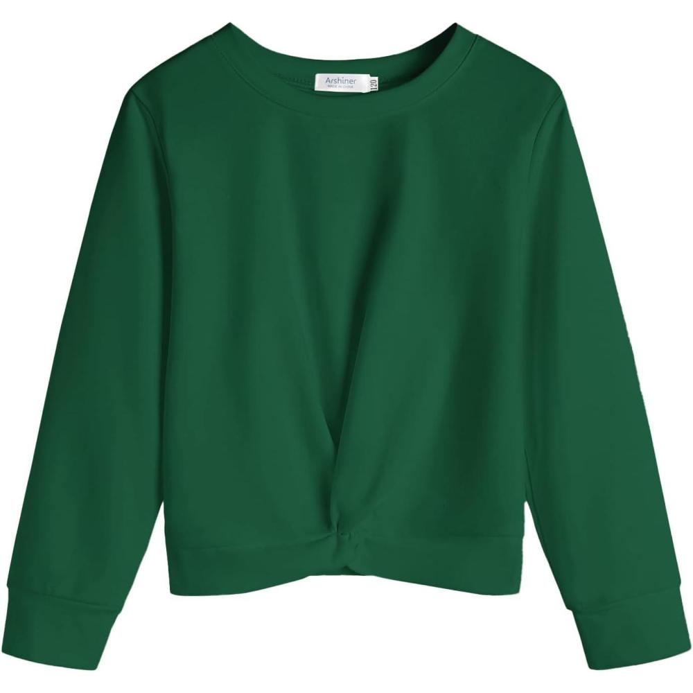 imageArshiner Girls Casual Twist Front Lightweight Sweatshirt Tie Dye Printed Long Sleeve Crop Tops PulloverForest Green