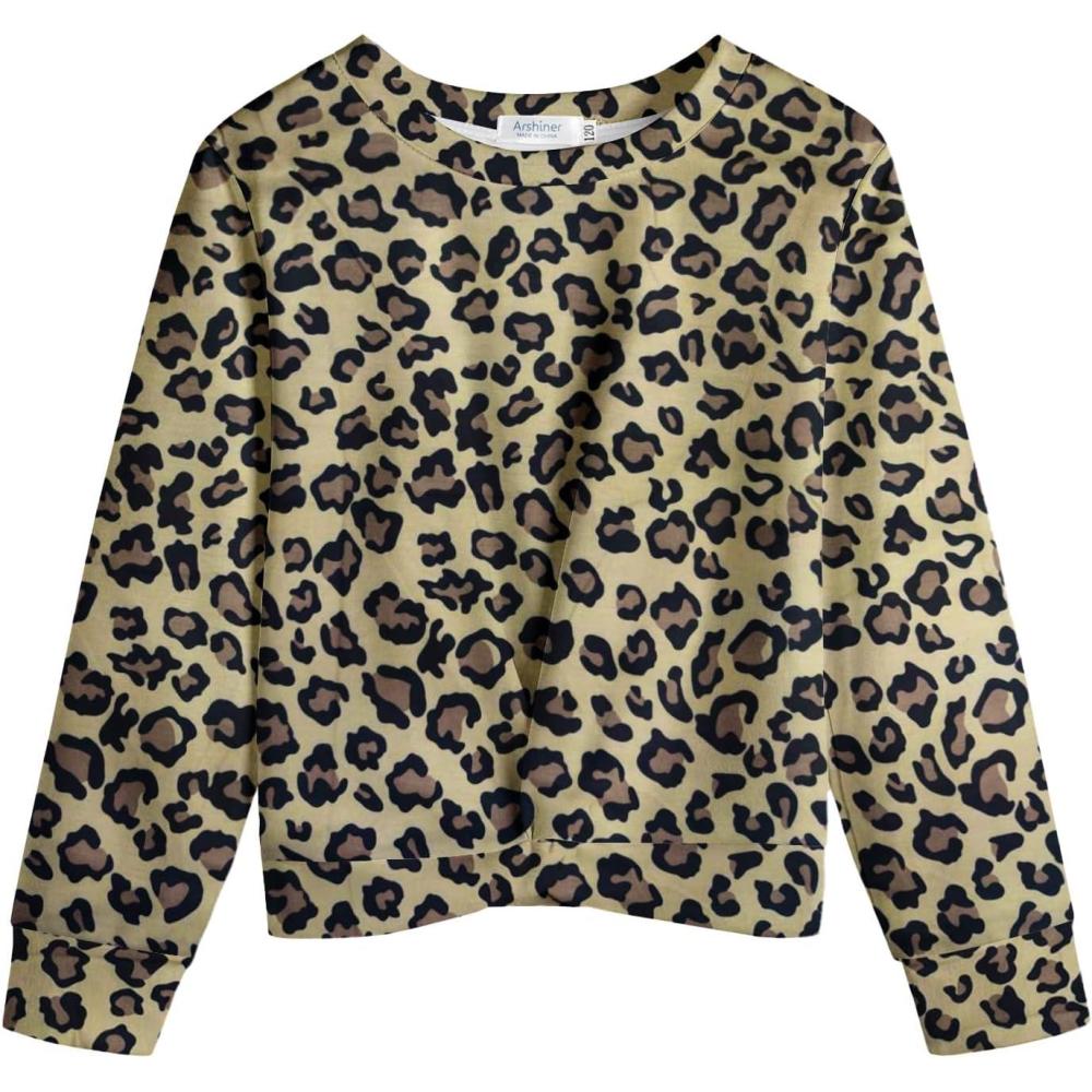 imageArshiner Girls Casual Twist Front Lightweight Sweatshirt Tie Dye Printed Long Sleeve Crop Tops PulloverLeopard