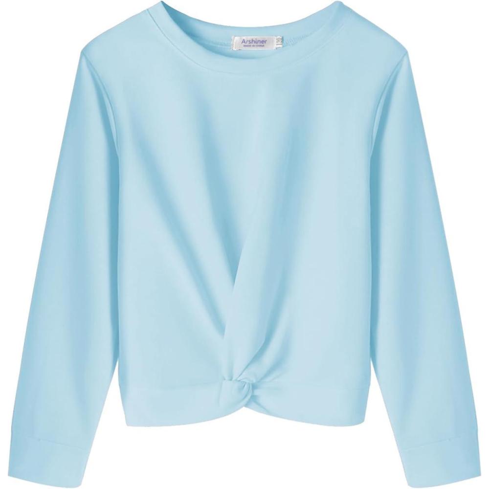 imageArshiner Girls Casual Twist Front Lightweight Sweatshirt Tie Dye Printed Long Sleeve Crop Tops PulloverLight Blue