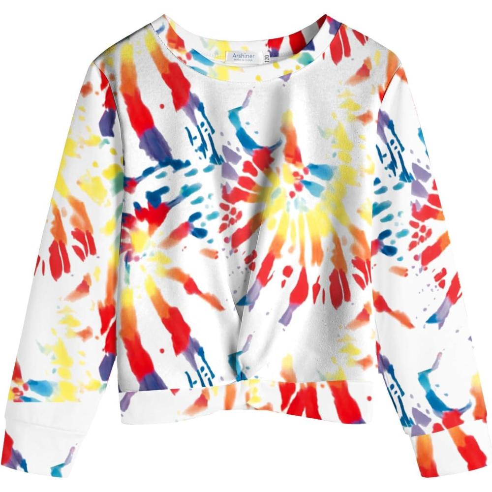 imageArshiner Girls Casual Twist Front Lightweight Sweatshirt Tie Dye Printed Long Sleeve Crop Tops PulloverMulticolor Tie Dye 1