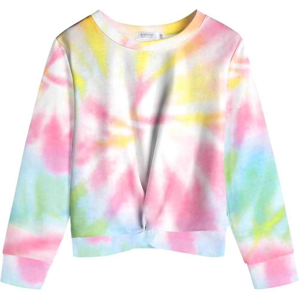 imageArshiner Girls Casual Twist Front Lightweight Sweatshirt Tie Dye Printed Long Sleeve Crop Tops PulloverMulticolor Tie Dye 2
