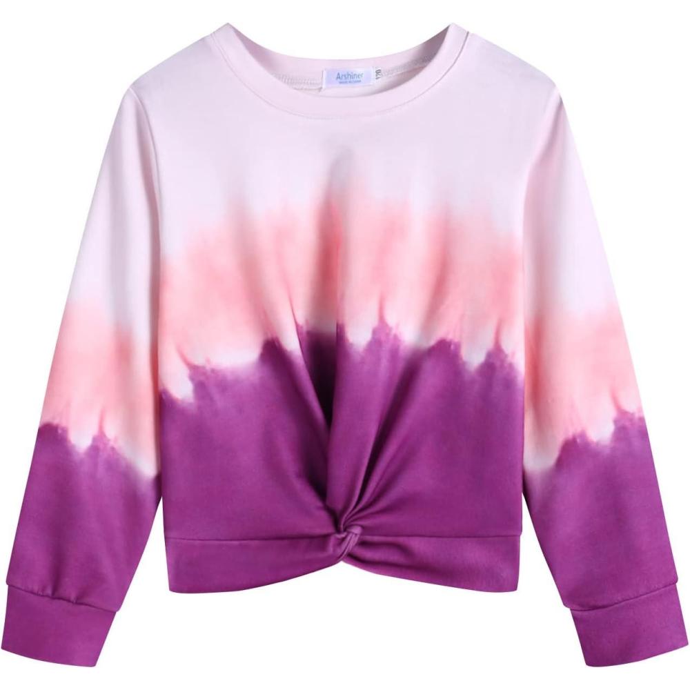 imageArshiner Girls Casual Twist Front Lightweight Sweatshirt Tie Dye Printed Long Sleeve Crop Tops PulloverMulticolor Tie Dye