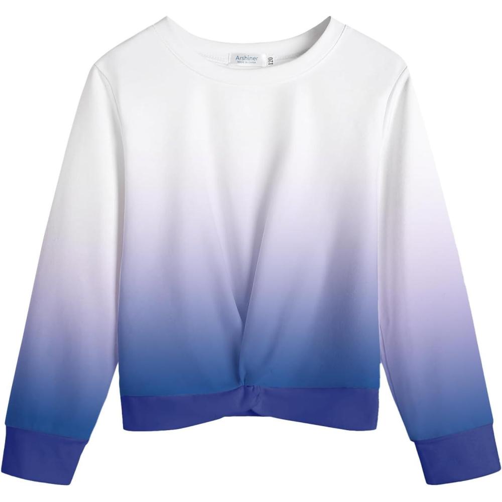 imageArshiner Girls Casual Twist Front Lightweight Sweatshirt Tie Dye Printed Long Sleeve Crop Tops PulloverOcean BlueWhite Gradient