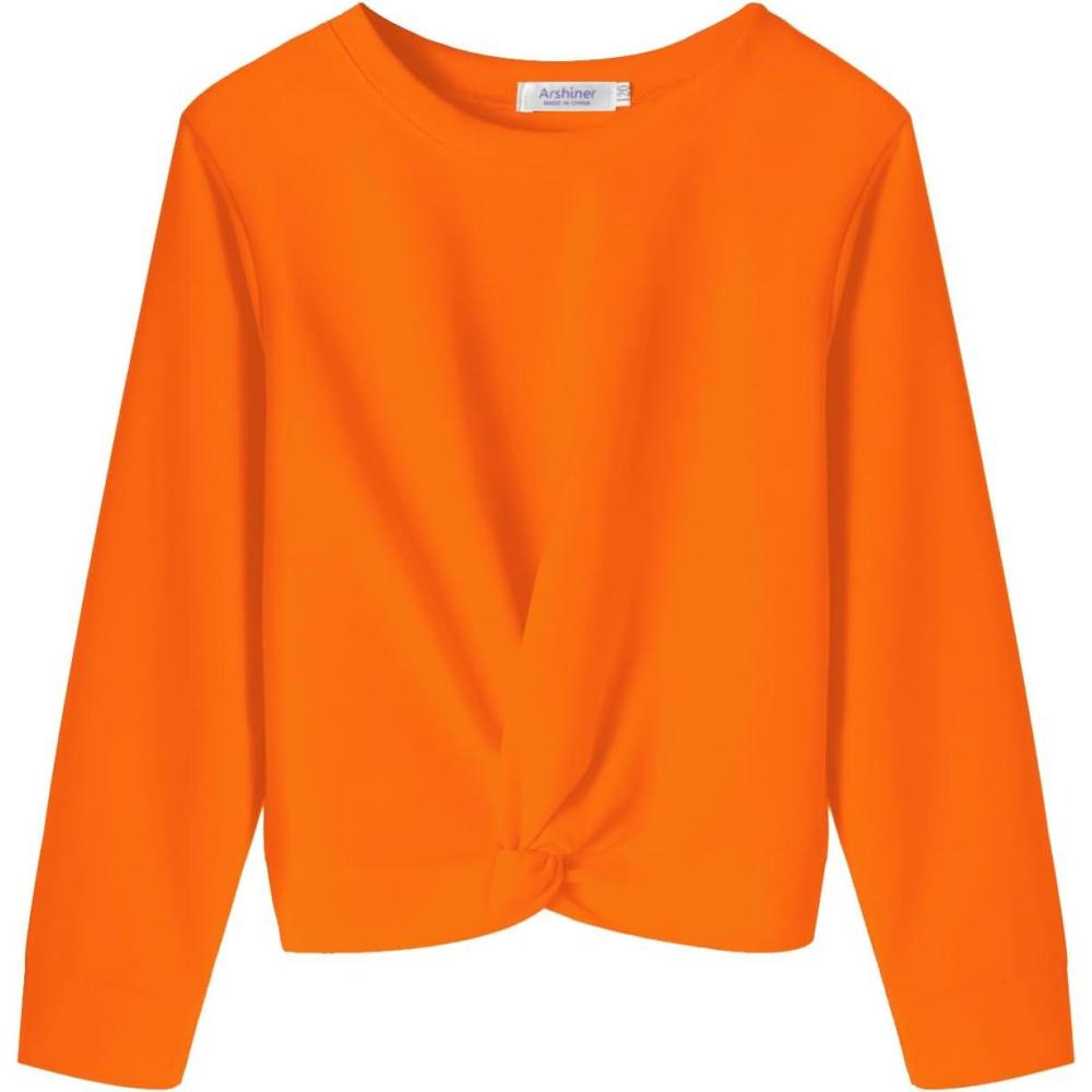 imageArshiner Girls Casual Twist Front Lightweight Sweatshirt Tie Dye Printed Long Sleeve Crop Tops PulloverOgrange