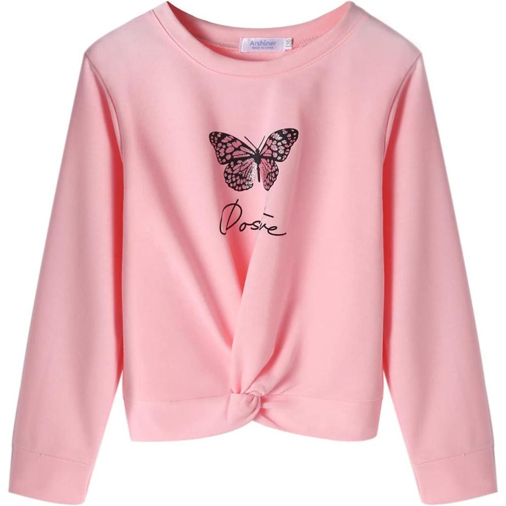 imageArshiner Girls Casual Twist Front Lightweight Sweatshirt Tie Dye Printed Long Sleeve Crop Tops PulloverPink