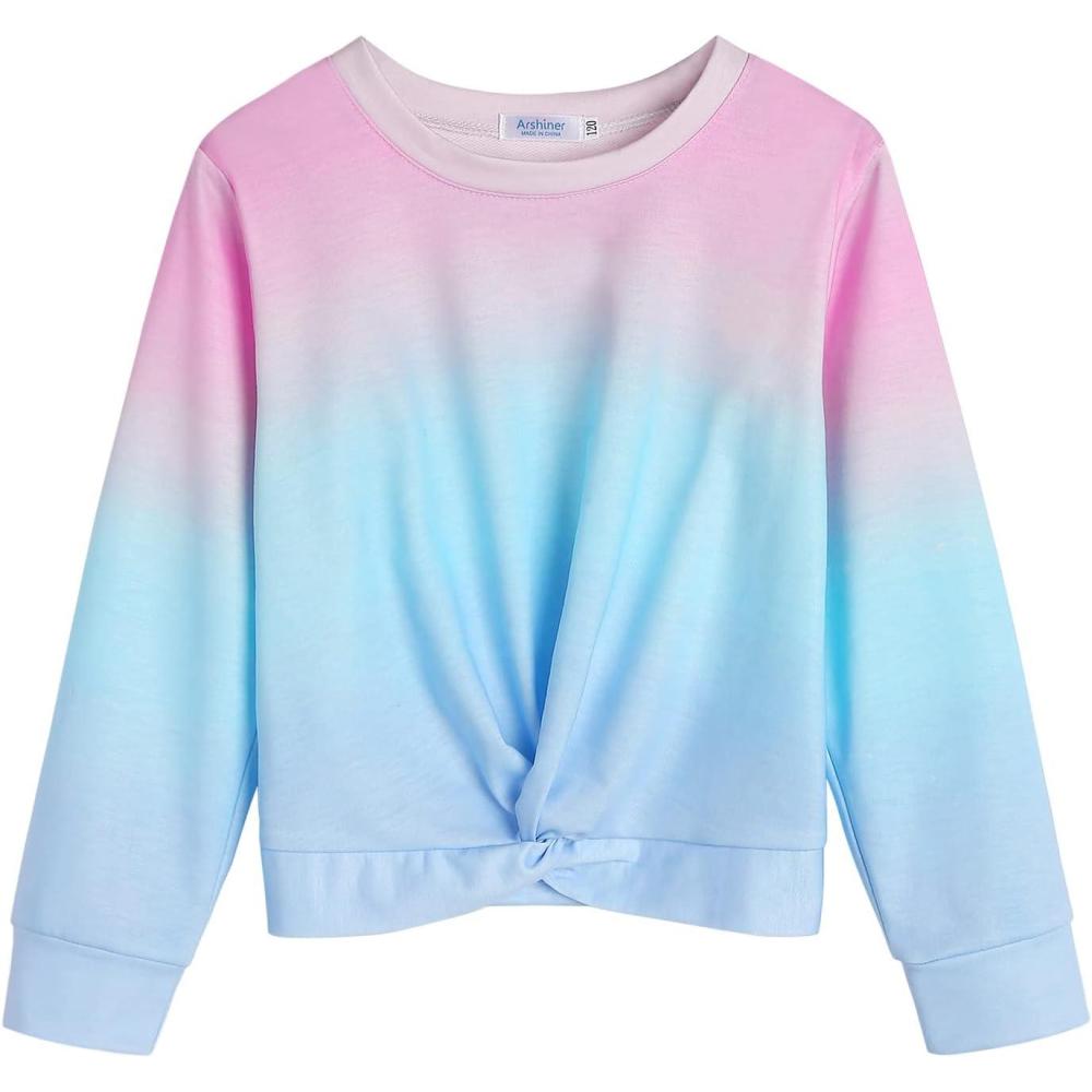imageArshiner Girls Casual Twist Front Lightweight Sweatshirt Tie Dye Printed Long Sleeve Crop Tops PulloverPinkBlue Print
