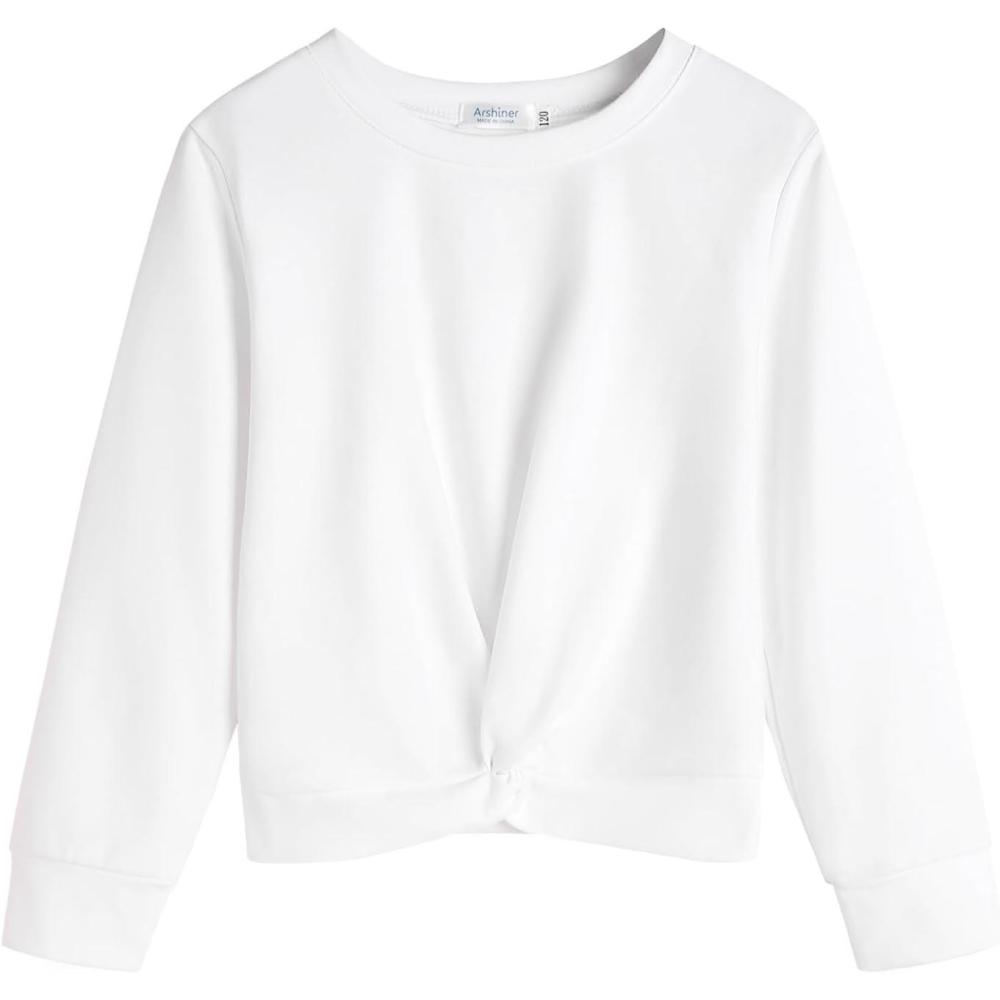 imageArshiner Girls Casual Twist Front Lightweight Sweatshirt Tie Dye Printed Long Sleeve Crop Tops PulloverPure White