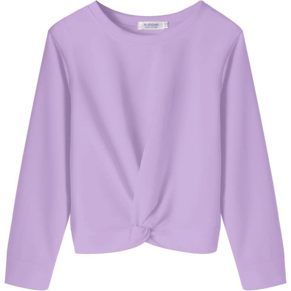 imageArshiner Girls Casual Twist Front Lightweight Sweatshirt Tie Dye Printed Long Sleeve Crop Tops PulloverPurple