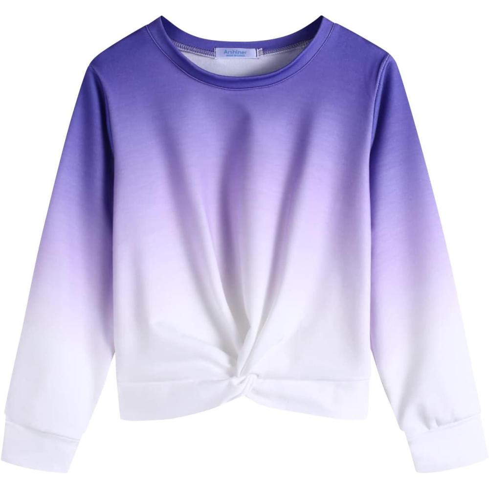 imageArshiner Girls Casual Twist Front Lightweight Sweatshirt Tie Dye Printed Long Sleeve Crop Tops PulloverPurpleWhite Tie Dye
