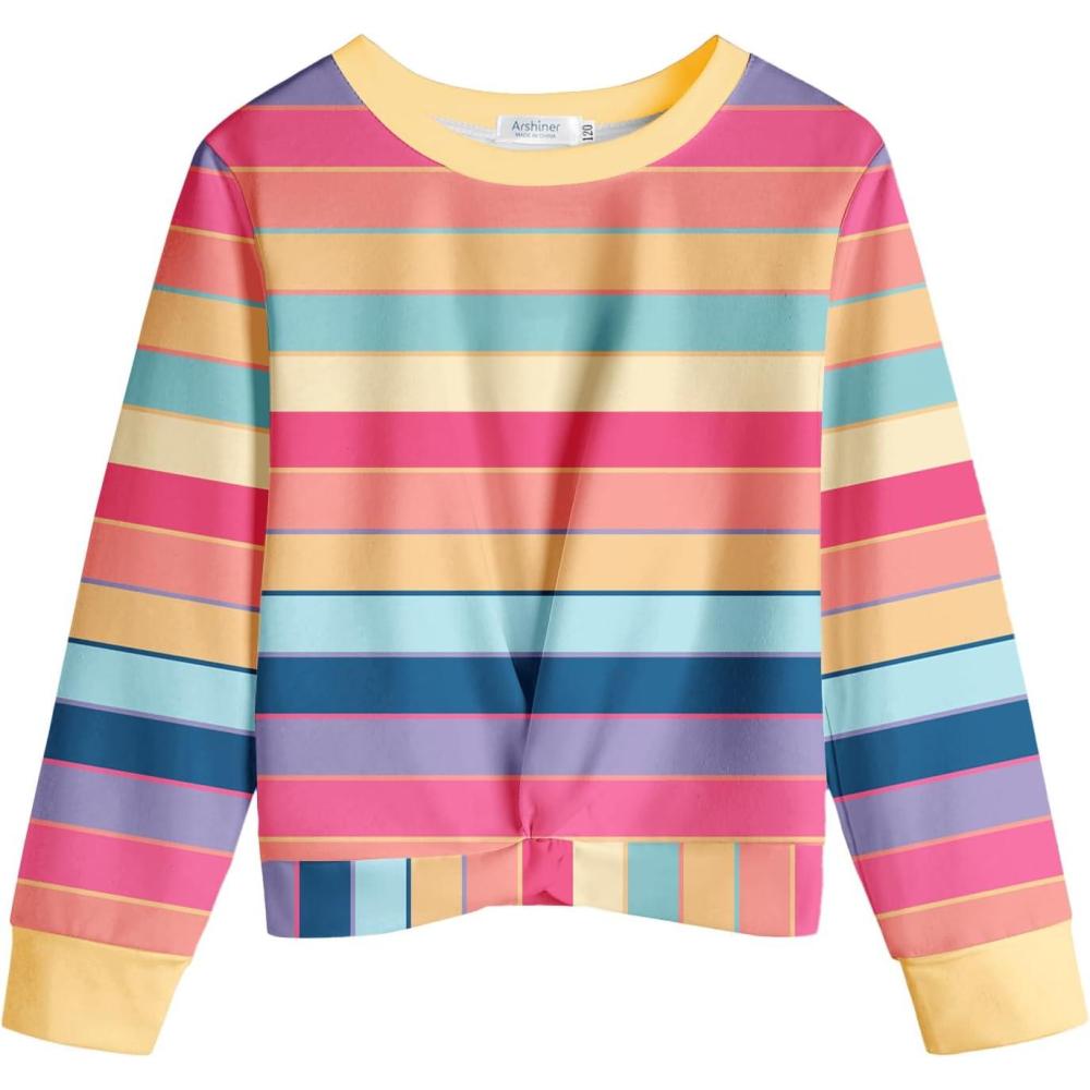 imageArshiner Girls Casual Twist Front Lightweight Sweatshirt Tie Dye Printed Long Sleeve Crop Tops PulloverRainbow Stripes