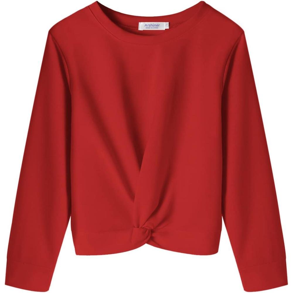 imageArshiner Girls Casual Twist Front Lightweight Sweatshirt Tie Dye Printed Long Sleeve Crop Tops PulloverRed
