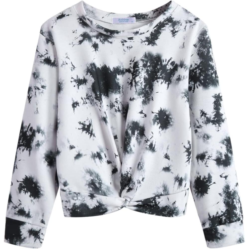imageArshiner Girls Casual Twist Front Lightweight Sweatshirt Tie Dye Printed Long Sleeve Crop Tops PulloverTie Dye Black White