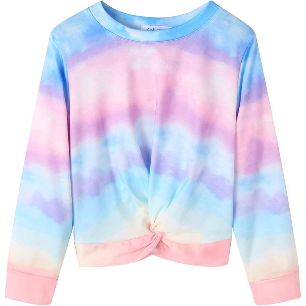 imageArshiner Girls Casual Twist Front Lightweight Sweatshirt Tie Dye Printed Long Sleeve Crop Tops PulloverTie Dye Print 3