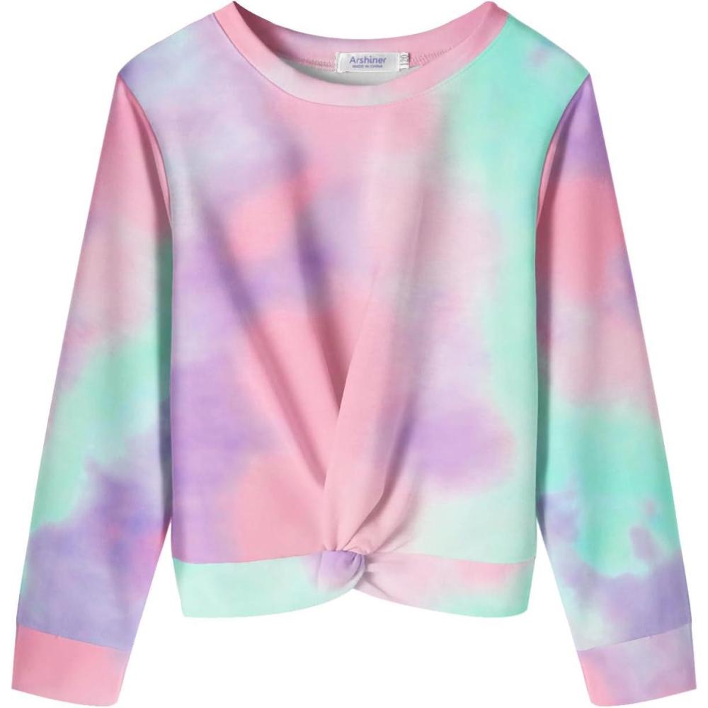 imageArshiner Girls Casual Twist Front Lightweight Sweatshirt Tie Dye Printed Long Sleeve Crop Tops PulloverTie Dye Purple Pink