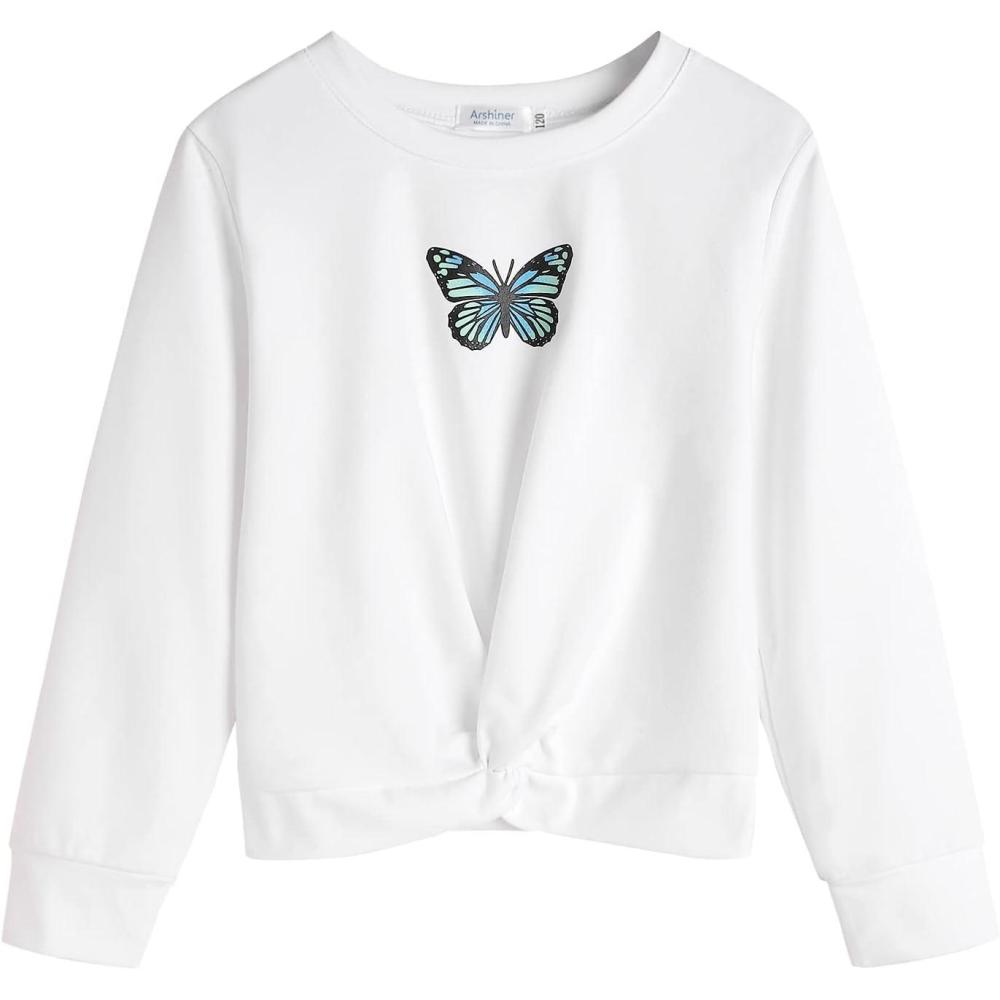 imageArshiner Girls Casual Twist Front Lightweight Sweatshirt Tie Dye Printed Long Sleeve Crop Tops PulloverWhite