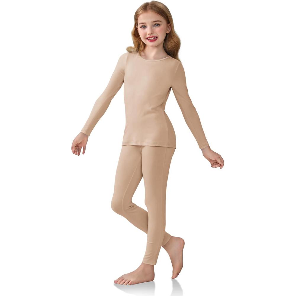 imageArshiner Girls Clothes 2 Piece Fall Outfits Slim Long Sleeve Shirt and Leggings Set Kids Thermal Underwear setsApricot