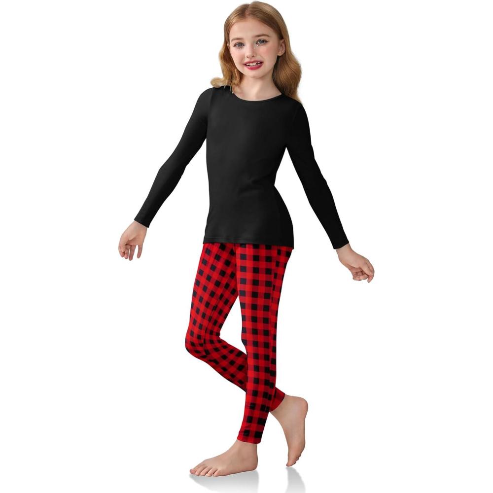 imageArshiner Girls Clothes 2 Piece Fall Outfits Slim Long Sleeve Shirt and Leggings Set Kids Thermal Underwear setsRed Black Plaid