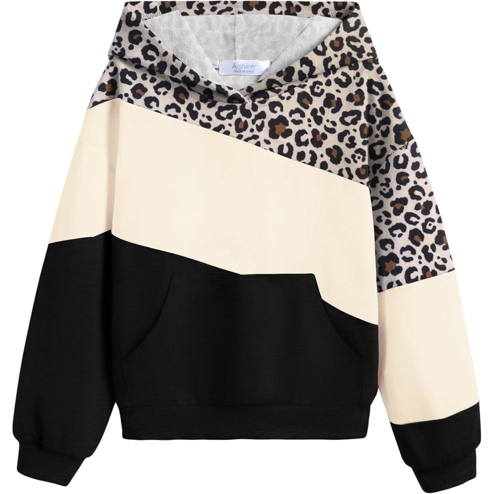 imageArshiner Girls Color Block Hoodies Colorblock Sweatshirt Fall Hooded Sweatshirts Hoodies for Teen Girls with PocketsLeopardbeigeblack