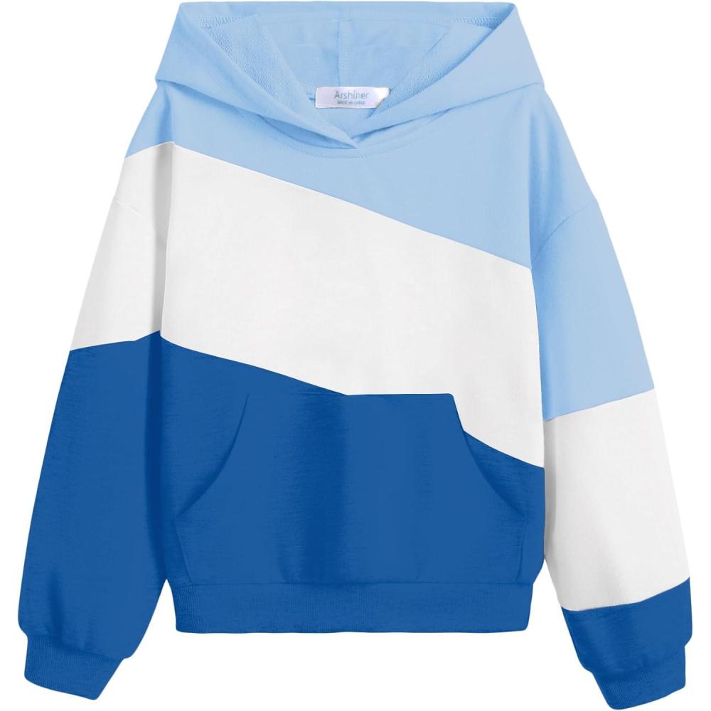 imageArshiner Girls Color Block Hoodies Colorblock Sweatshirt Fall Hooded Sweatshirts Hoodies for Teen Girls with PocketsLight Bluewhitedark Blue