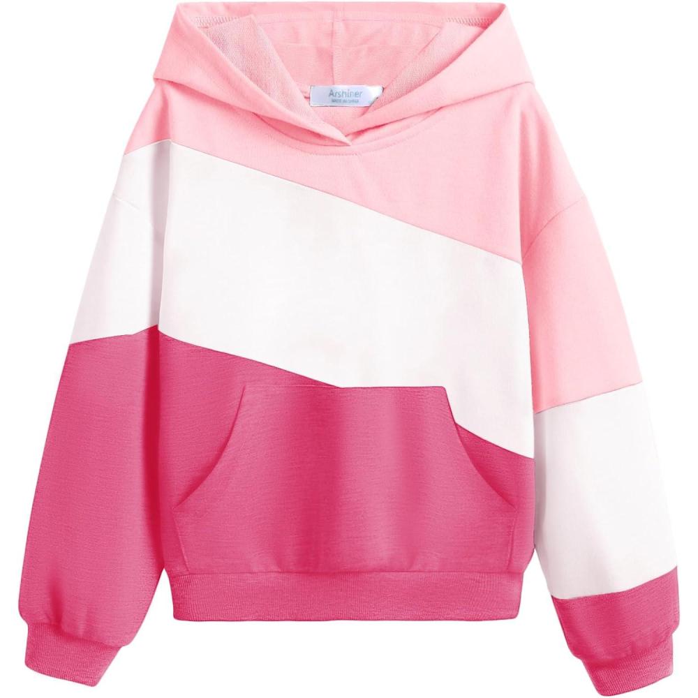 imageArshiner Girls Color Block Hoodies Colorblock Sweatshirt Fall Hooded Sweatshirts Hoodies for Teen Girls with PocketsLight Pinkwhitedark Pink