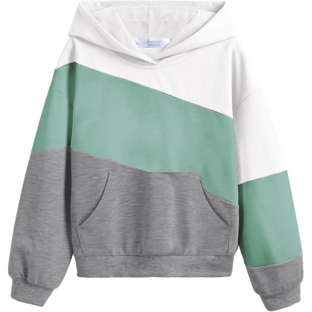 imageArshiner Girls Color Block Hoodies Colorblock Sweatshirt Fall Hooded Sweatshirts Hoodies for Teen Girls with PocketsWhitegreengray