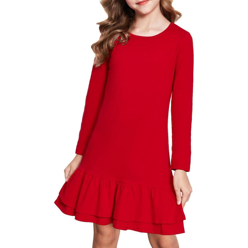 imageArshiner Girls Cotton Long Sleeve ALine Ruffle Hem Dress for School