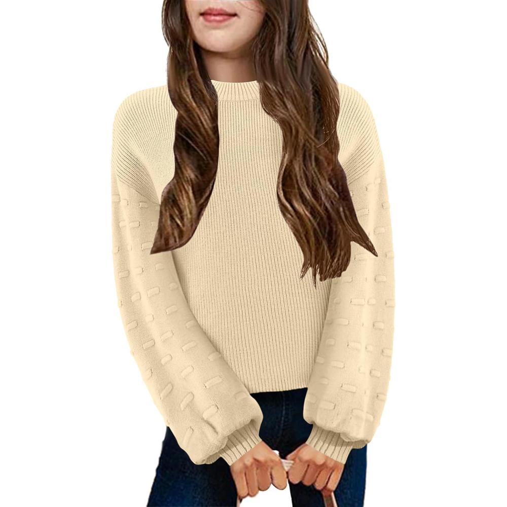 imageArshiner Girls Crewneck Sweaters Chunky Lantern Sleeve Knit Jumper Tops Casual Drop Shoulder Pullover Outwear for 513 YearsBeige