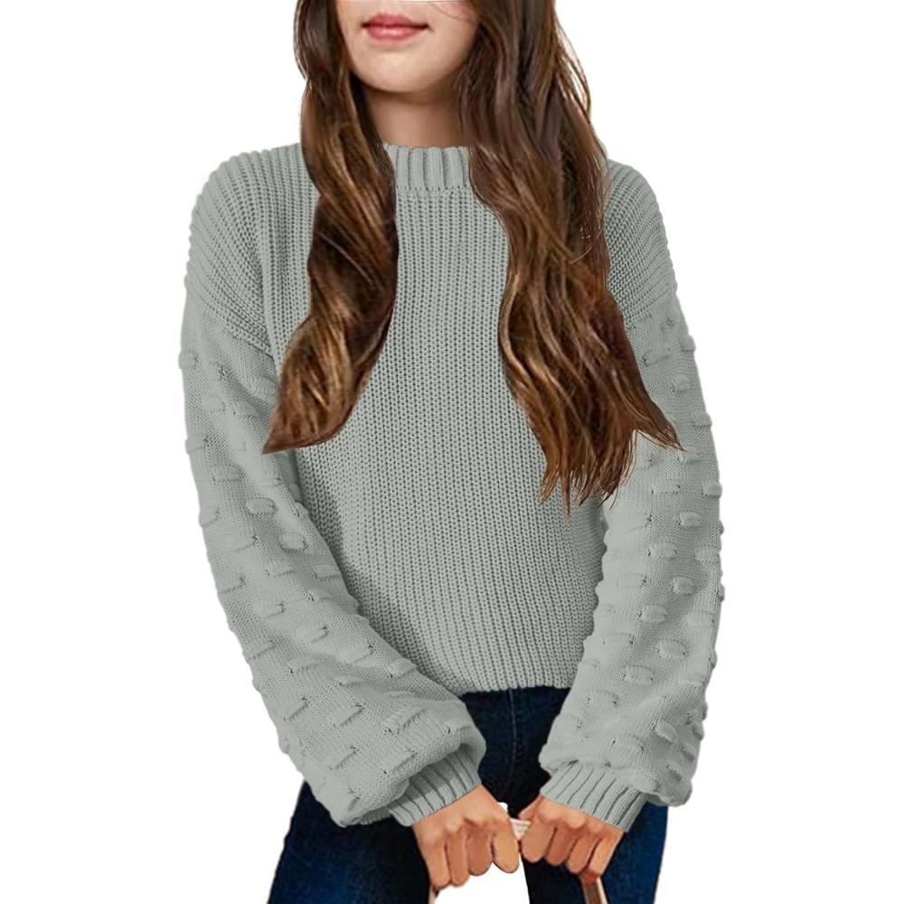 imageArshiner Girls Crewneck Sweaters Chunky Lantern Sleeve Knit Jumper Tops Casual Drop Shoulder Pullover Outwear for 513 YearsLight Grey