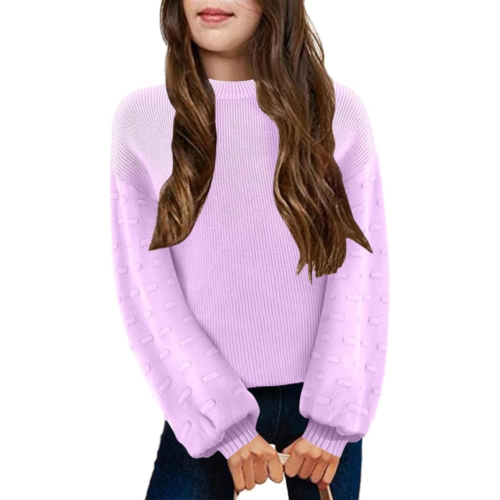 imageArshiner Girls Crewneck Sweaters Chunky Lantern Sleeve Knit Jumper Tops Casual Drop Shoulder Pullover Outwear for 513 YearsLight Purple