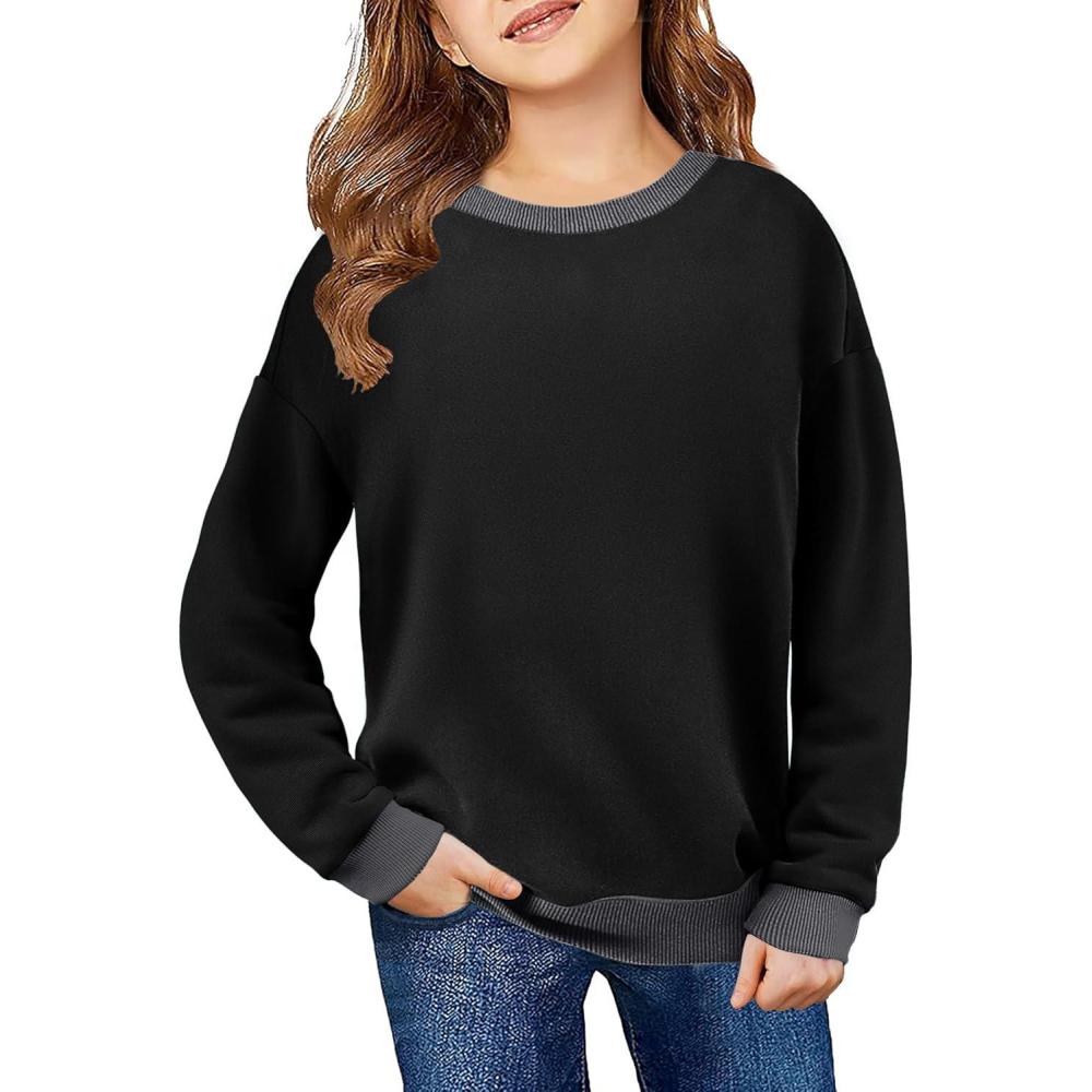 imageArshiner Girls Crewneck Sweatshirt Long Sleeve Pullover Tops Drop Shoulder Sweatshirts Color Block Ribbed Trim for 514 YearsBlack