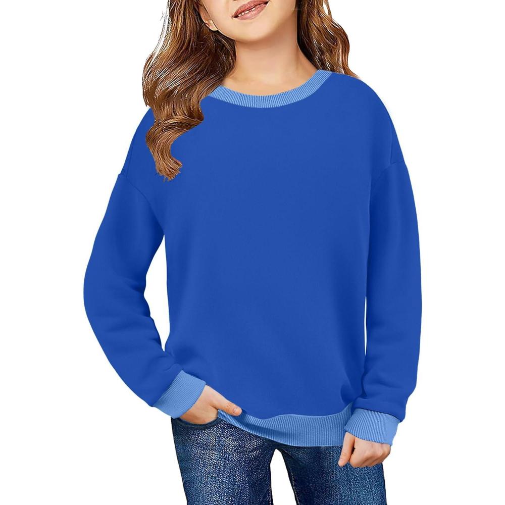 imageArshiner Girls Crewneck Sweatshirt Long Sleeve Pullover Tops Drop Shoulder Sweatshirts Color Block Ribbed Trim for 514 YearsRoyal Blue