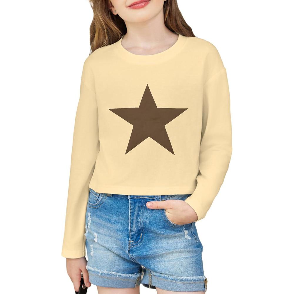 imageArshiner Girls Crop Tops Long Sleeve Shirts Drop Shoulder Crewneck Casual Fashion T Shirts TeeKhaki Star