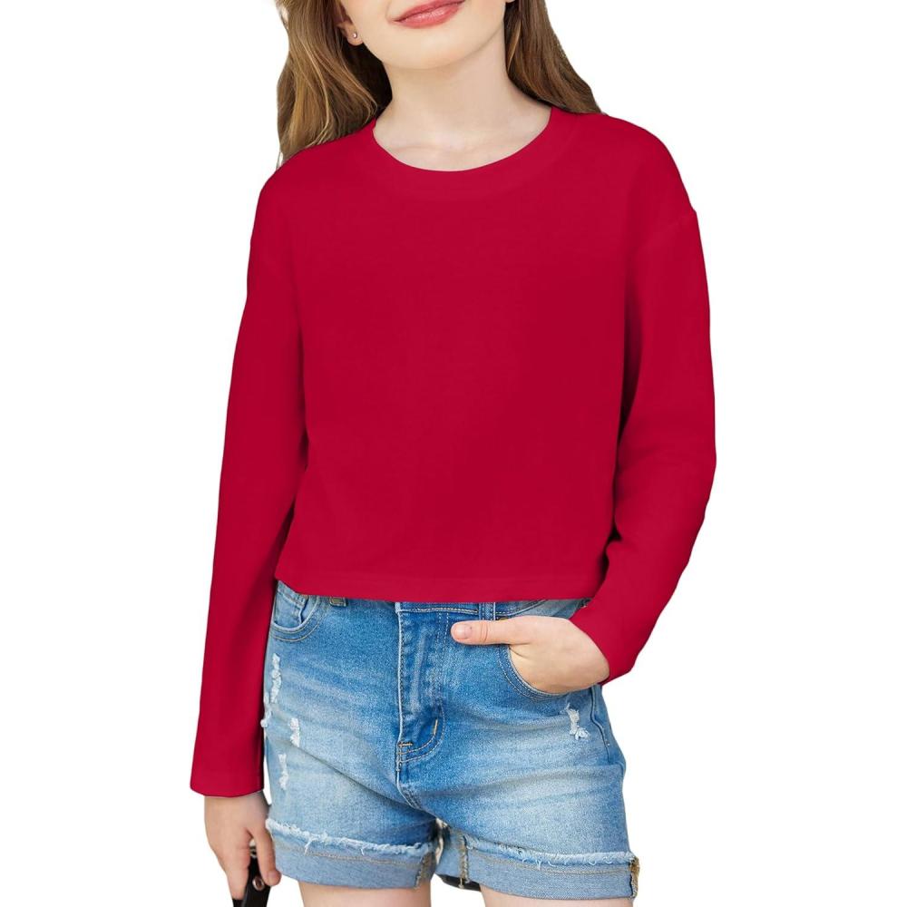 imageArshiner Girls Crop Tops Long Sleeve Shirts Drop Shoulder Crewneck Casual Fashion T Shirts TeeRed
